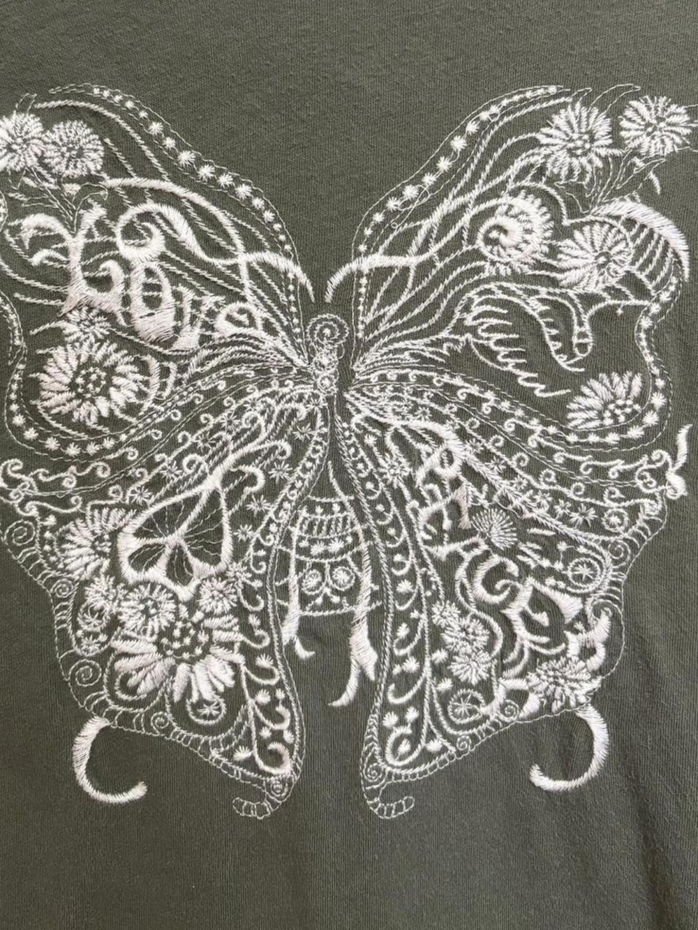 2000s Y2K Vintage Butterfly Embroidered Green Long Sleeve Top Size S Boho Fairy - Picture 2 of 7